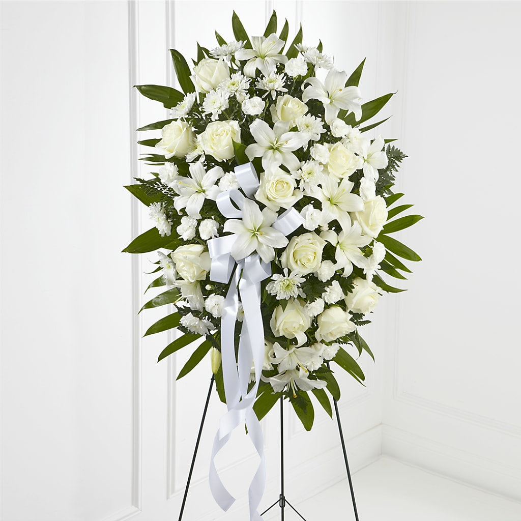Exquisite Tribute Standing Spray-White Ribbon – Star Market, West Bridgewater MA