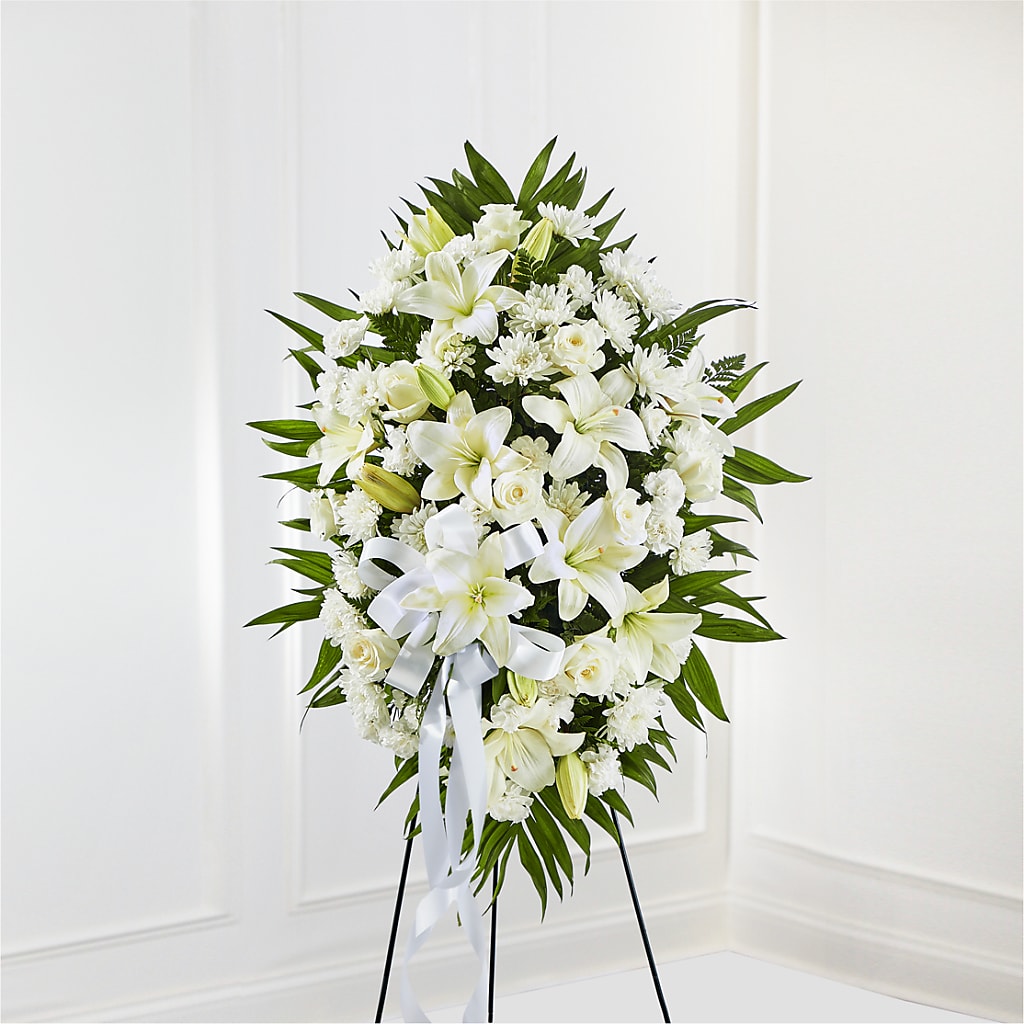 Exquisite Tribute Standing Spray-White Ribbon – Star Market, West Bridgewater MA